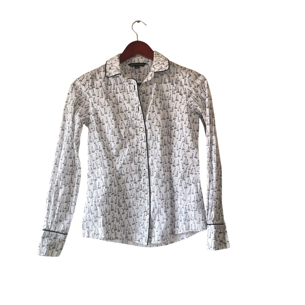 Brooks Brothers Womens 0 White Sailboat Print Cotton Button Down Shirt Navy Trim